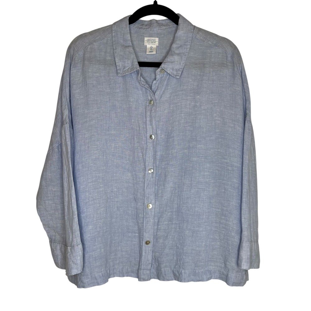Sigrid Olsen Light Blue 100% Linen Boxy Button Up Shirt SZ L Coastal Minimalist